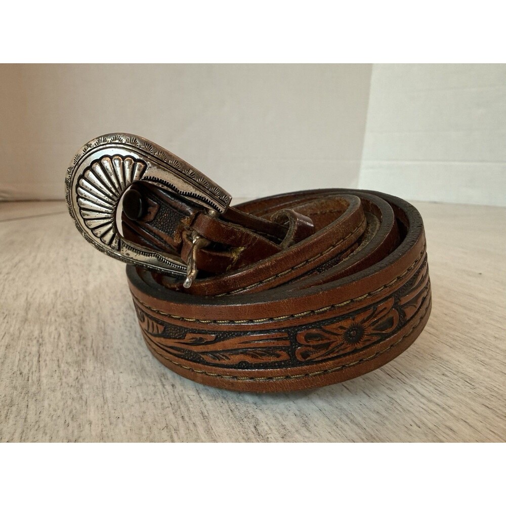 The Real McCoy Belt Men's 40 Brown Tooled Leather Brass Buckle Handcrafted USA